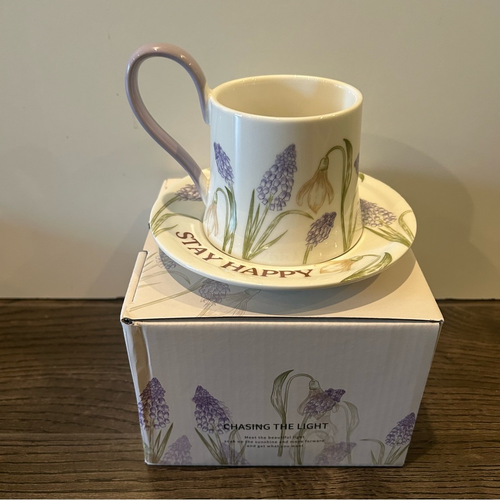 Floral Mug and Saucer Set with Purple Accents with box - Picture 4 of 11